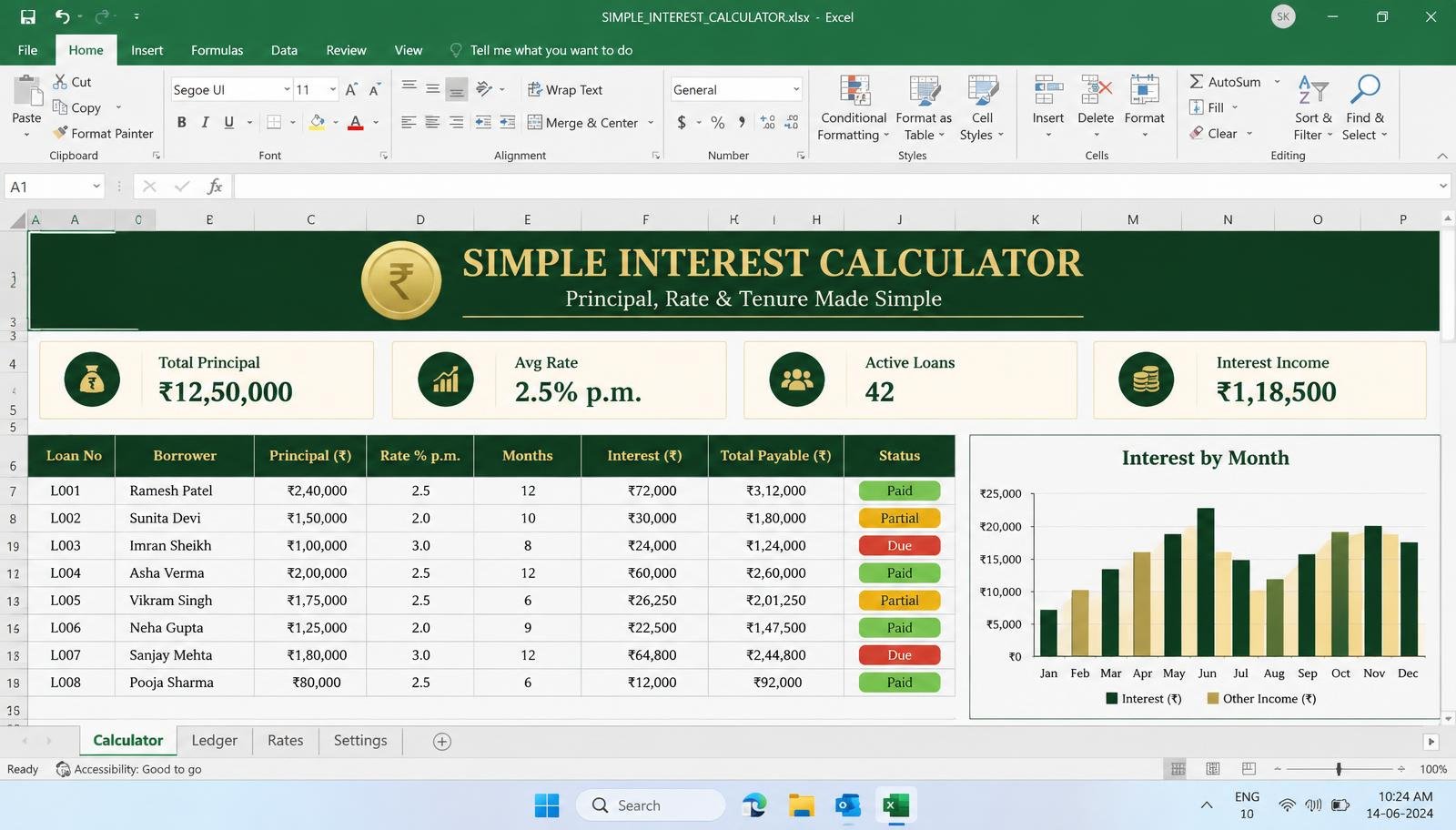 Simple interest calculator sample screen